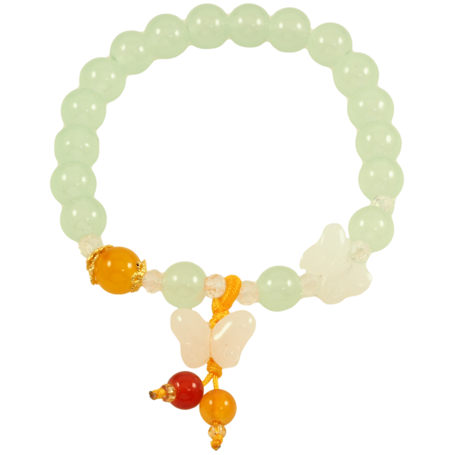 Браслет на резинке стекло Светло-зеленые бусины с бабочками и подвеской, ø 8мм свободный размер фото №1