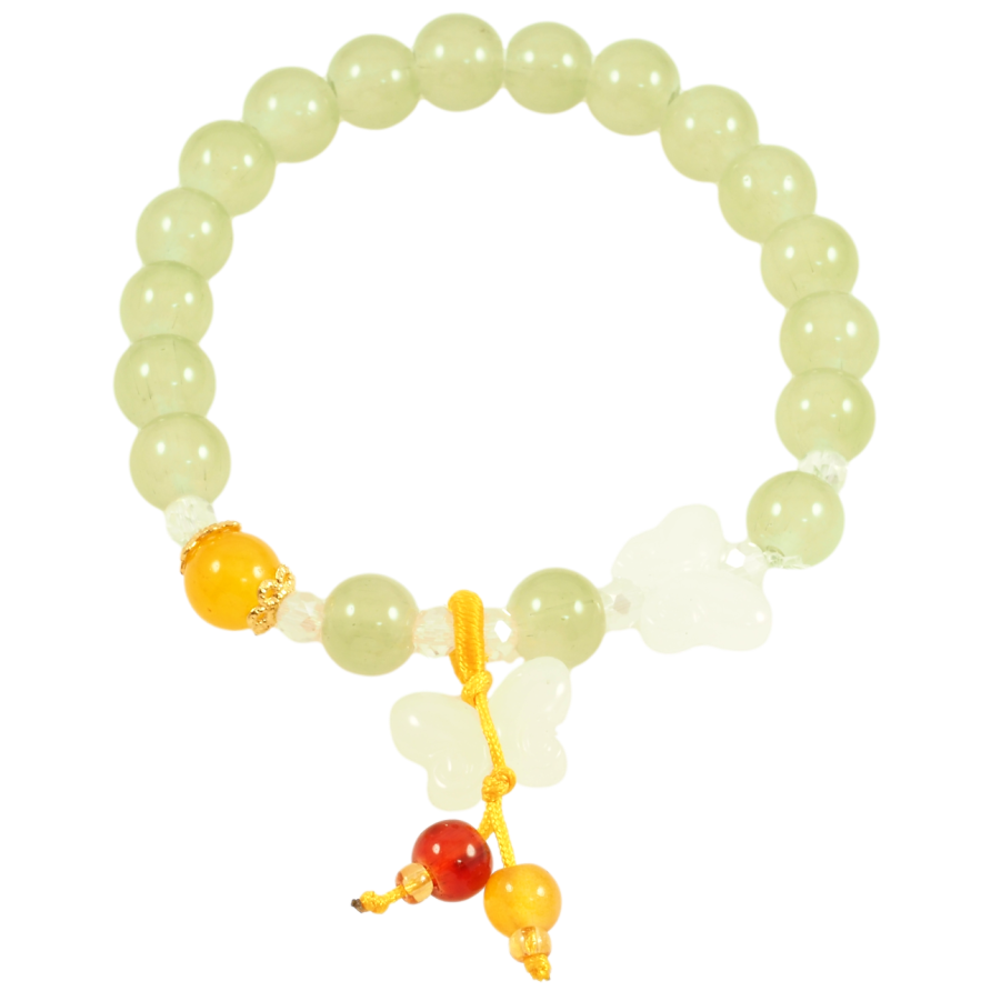 Браслет на гумці скло «Світло-зелені намистини з метеликами та підвіскою, ø 8мм» вільний розмір фото №1