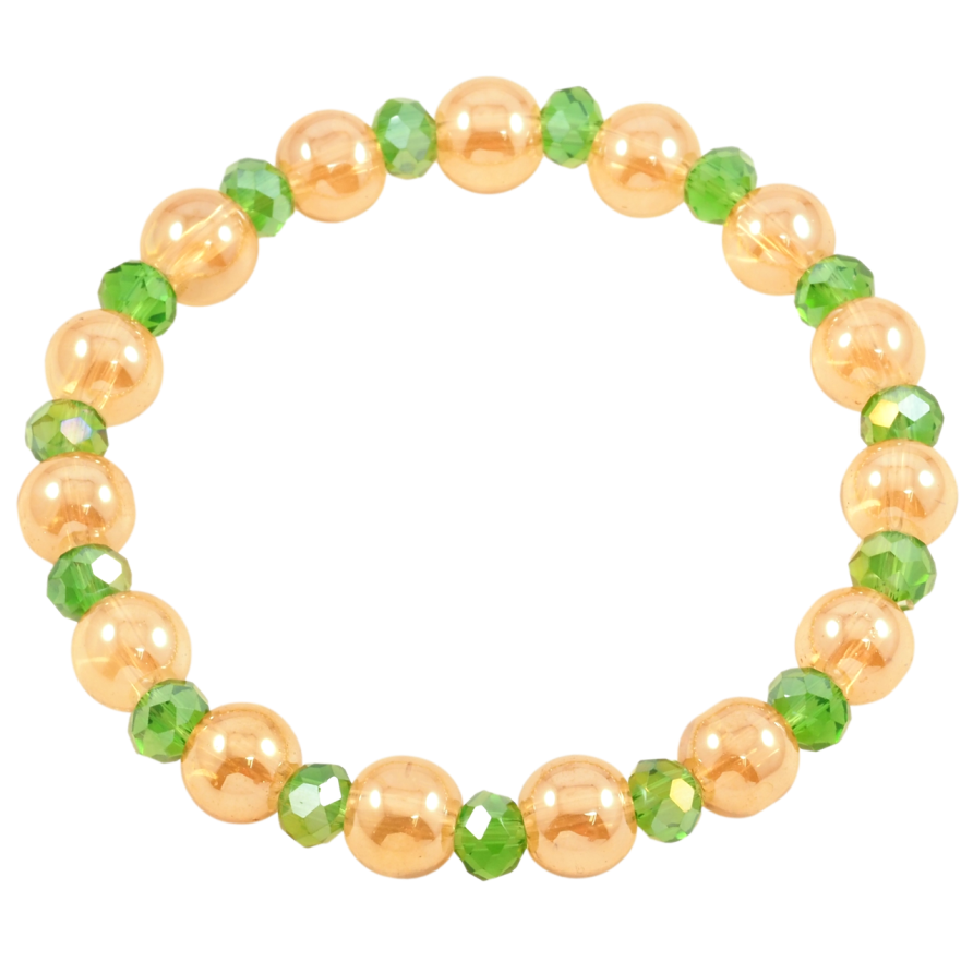 Браслет на гумці скло «Золотисто-зелені скляні намистини, ø 6мм і 8мм» вільний розмір фото №1