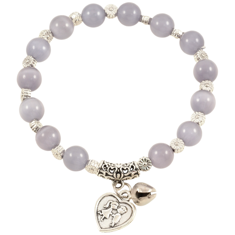 Браслет на резинке стекло Серые бусины Кошачий глаз с подвеской, ø 8мм свободный размер фото №2