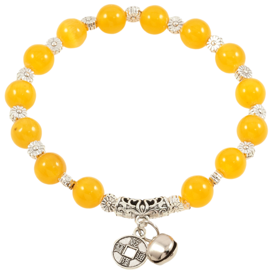 Браслет на гумці скло «Жовті намистини «Котяче око» з підвіскою, ø 8мм» вільний розмір фото №1