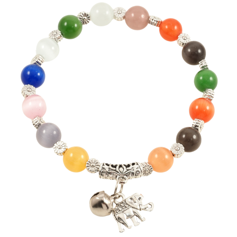 Браслет на гумці скло «Різнокольорові намистини «Котяче око» з підвіскою, ø 8мм» вільний розмір фото №1