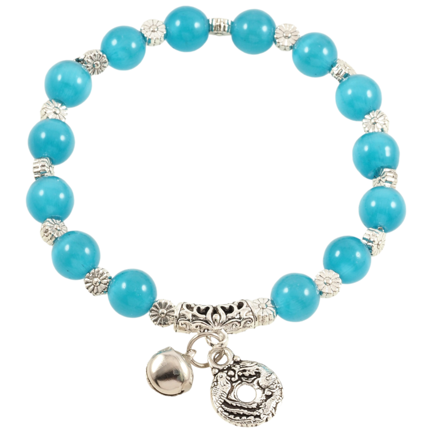 Браслет на гумці скло «Блакитні намистини «Котяче око» з підвіскою, ø 8мм» вільний розмір фото №1