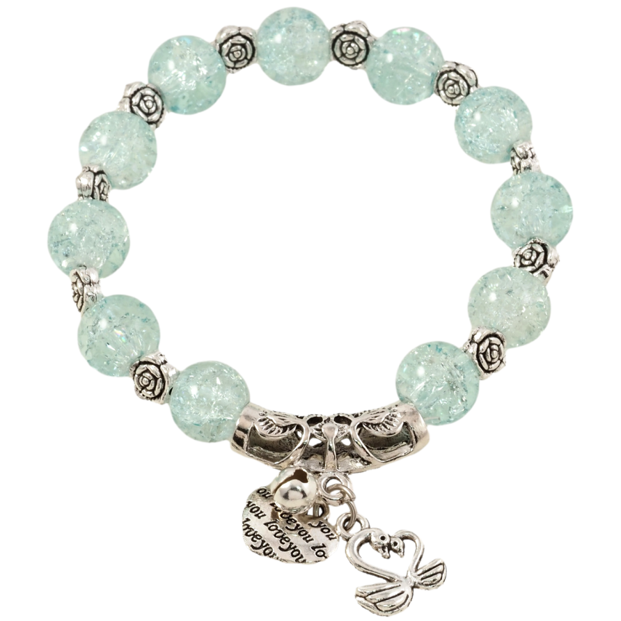 Браслет на гумці скло «Блакитні намистини «Бите скло» з квіточками та підвісками, ø 10мм» вільний розмір фото №1