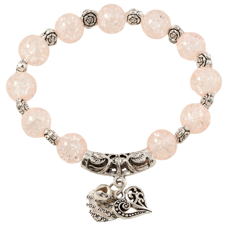 Браслет на резинке стекло Бежевые бусины Битое стекло с цветочками и подвесками, ø 10мм свободный размер фото №1