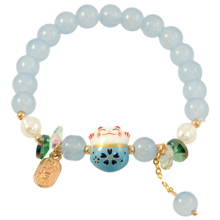 Браслет на гумці скло «Блакитні намистини зі вставкою кіт і підвісками, ø 8мм» вільний розмір фото №1