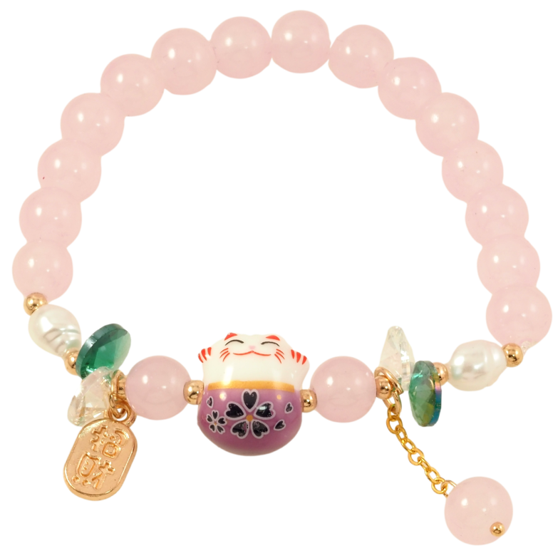 Браслет на резинке стекло Сиреневые бусины с вставкой кот и подвесками, ø 8мм свободный размер фото №1