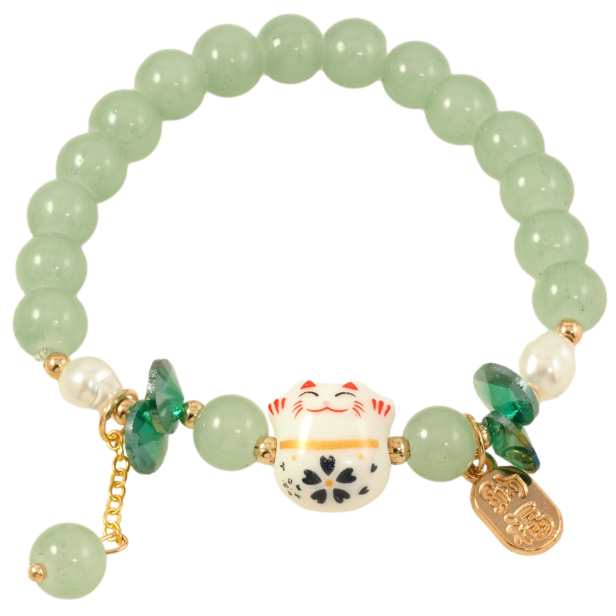 Браслет на гумці скло «Зелені намистини з вставкою кіт і підвісками, ø 8мм» вільний розмір фото №1