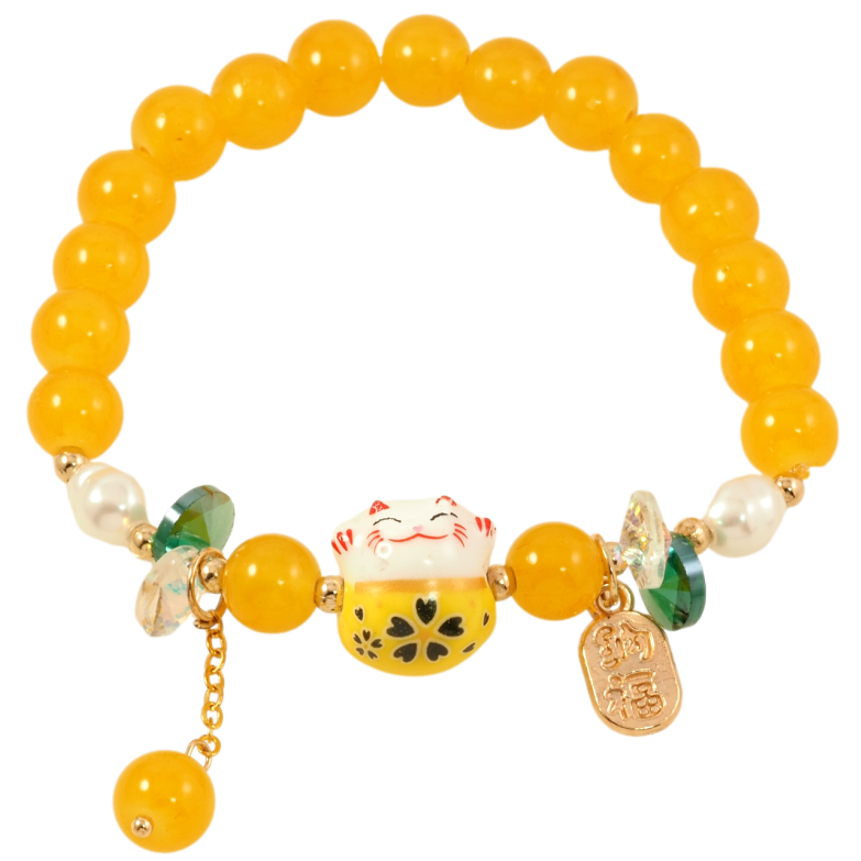 Браслет на резинке стекло Желтые бусины с вставкой кот и подвесками, ø 8мм свободный размер фото №1