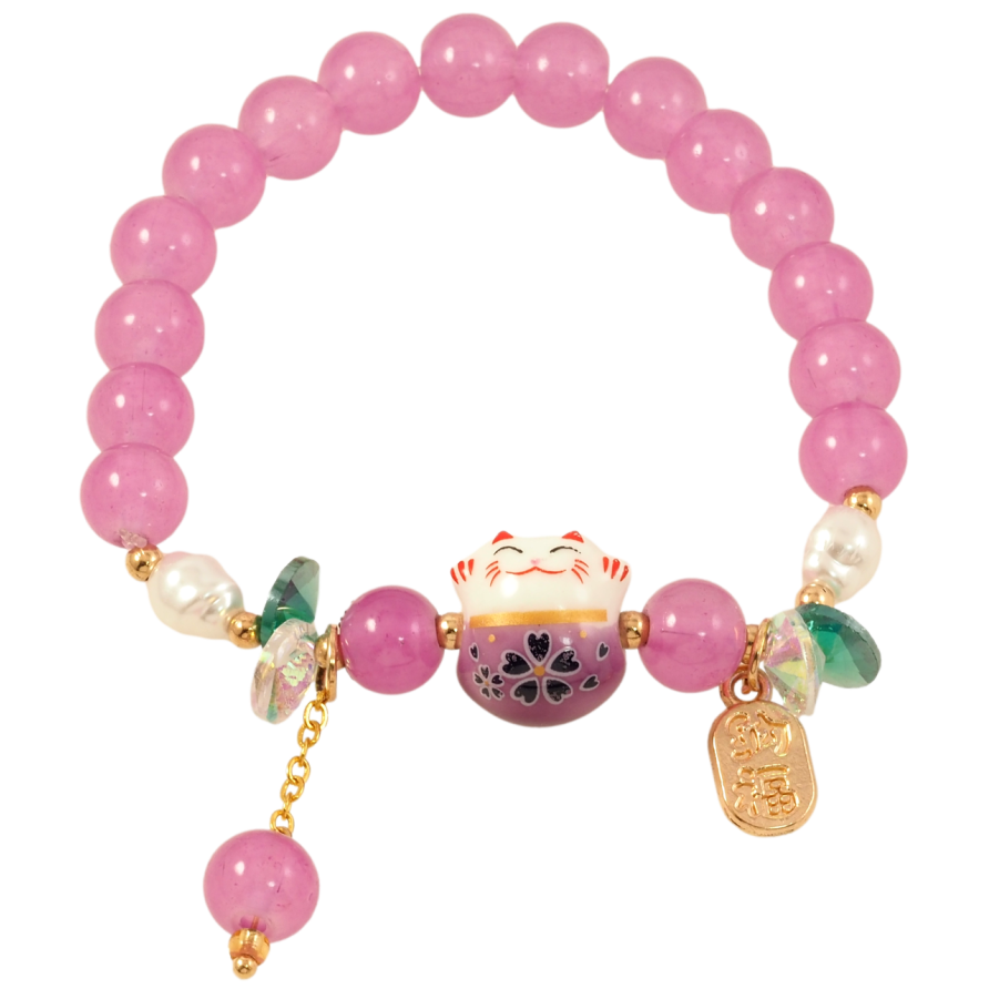 Браслет на гумці скло «Бузкові намистини з вставкою кіт і підвісками, ø 8мм» вільний розмір фото №1