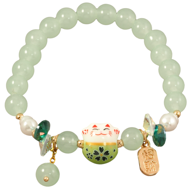 Браслет на гумці скло «М'ятні намистини з вставкою кіт і підвісками, ø 8мм» вільний розмір фото №1 Браслет на гумці скло «М'ятні намистини з вставкою кіт і підвісками, ø 8мм» вільний розмір фото №1