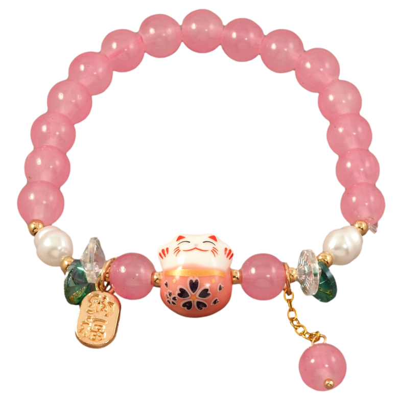 Браслет на резинке стекло Розовые бусины с вставкой кот и подвесками, ø 8мм свободный размер фото №6