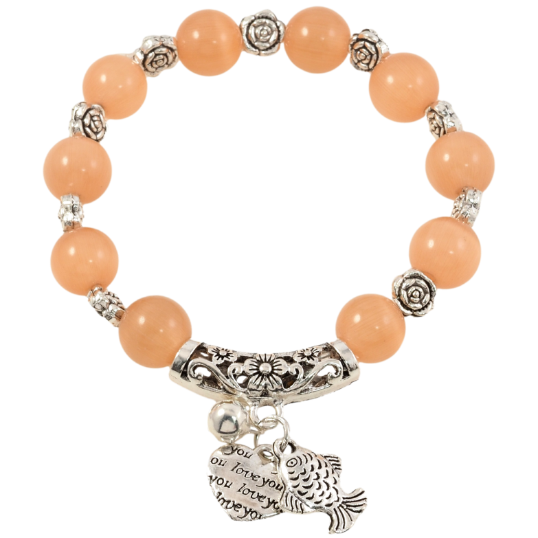 Браслет на резинке стекло Персиковые бусины Кошачий глаз с цветочками и подвесками, ø 9мм свободный размер фото №1