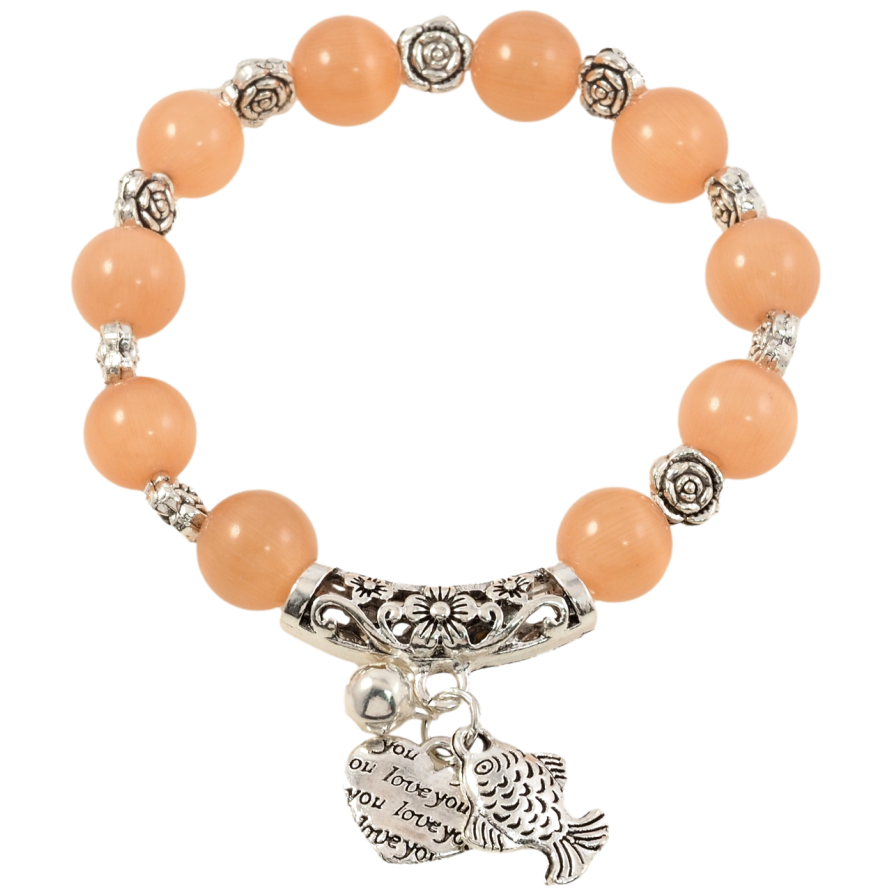 Браслет на гумці скло «Персикові намистини «Котяче око» з квіточками та підвісками, ø 9мм» вільний розмір фото №1