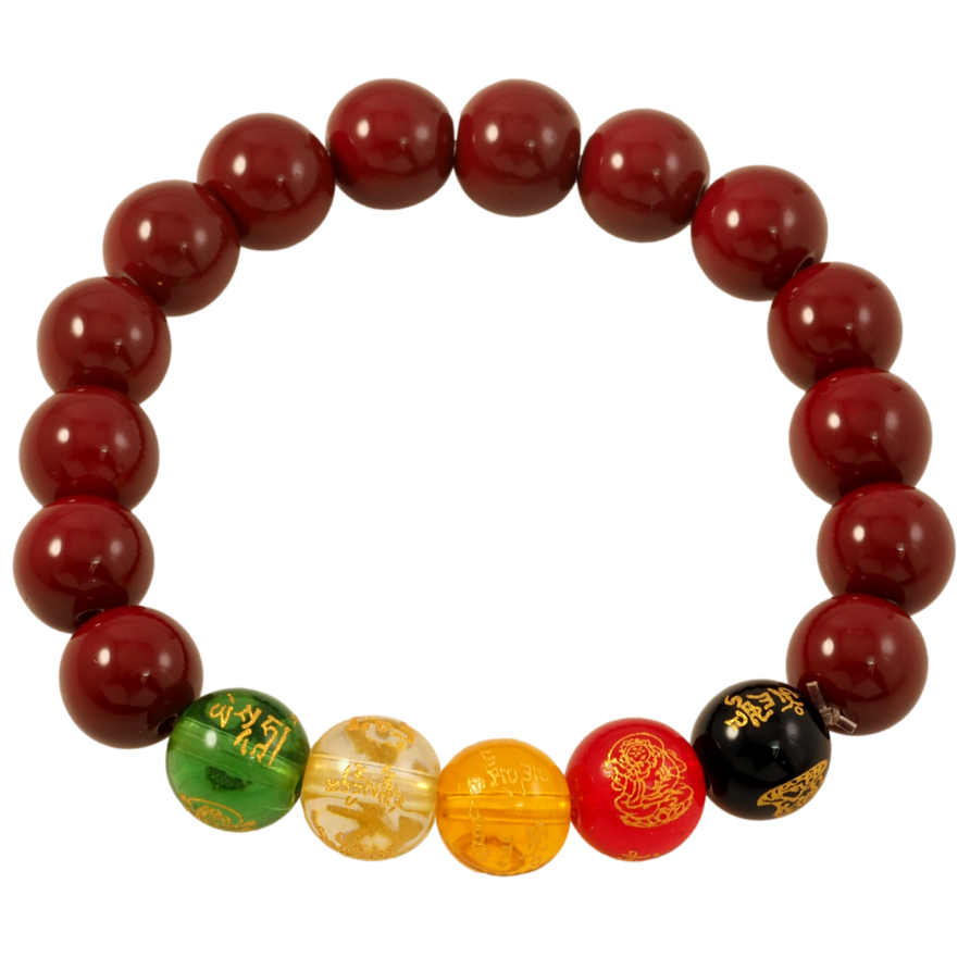 Браслет на гумці скло «Бордово-різнокольорові намистини з візерунком, ø 10мм» вільний розмір фото №1