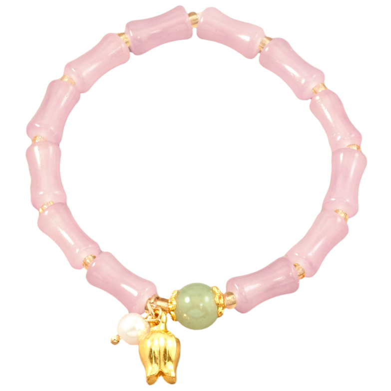 Браслет на резинке стекло Декоративные розовые бусины с подвесками, ø 6мм свободный размер фото №1