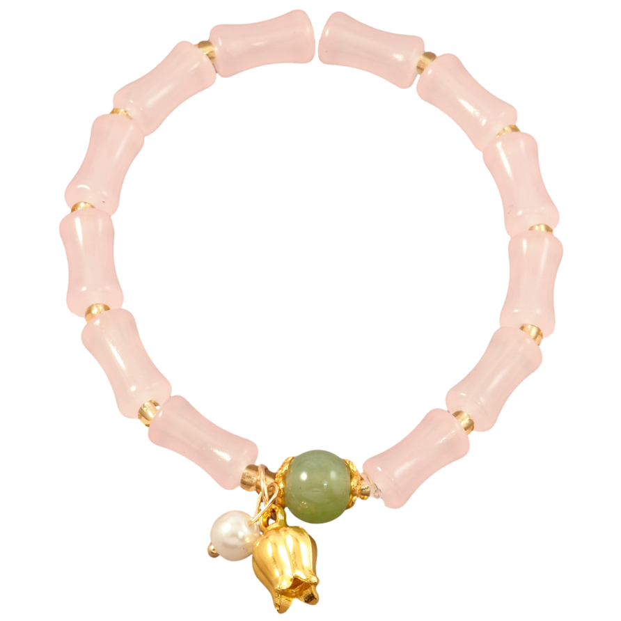 Браслет на гумці скло «Декоративні рожеві намистини з підвісками, ø 6мм» вільний розмір фото №1 Браслет на гумці скло «Декоративні рожеві намистини з підвісками, ø 6мм» вільний розмір фото №1