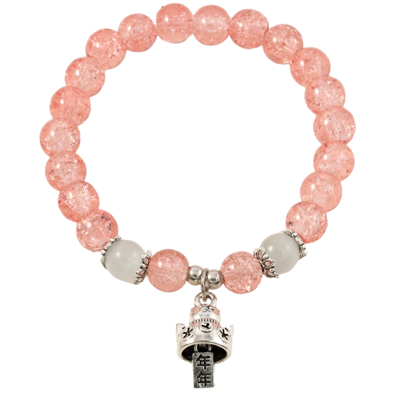 Браслет на резинке стекло Розовые бусины Битое стекло с подвеской кот, ø 8мм свободный размер фото №1