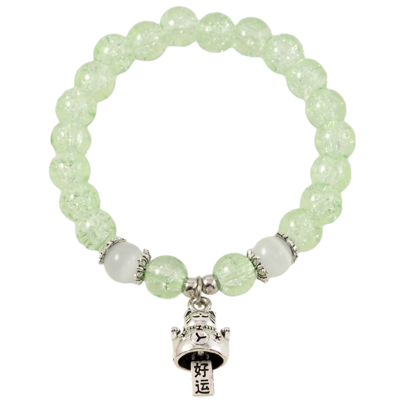 Браслет на гумці скло «Зелені намистини Бите скло з підвіскою кіт, ø 8мм вільний розмір фото №1