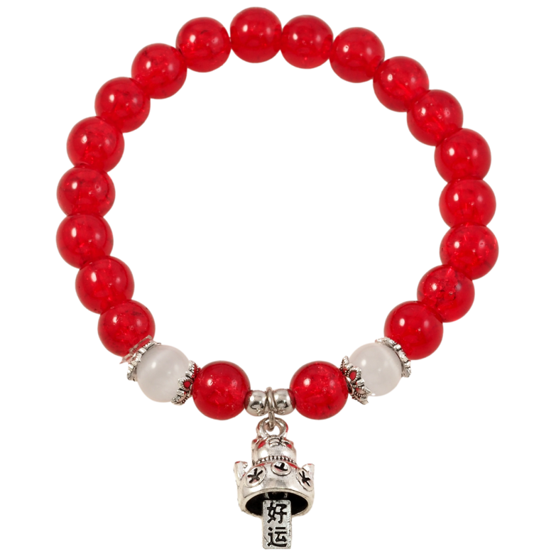 Браслет на гумці скло «Червоні намистини Бите скло з підвіскою кіт, ø 8мм вільний розмір фото №1