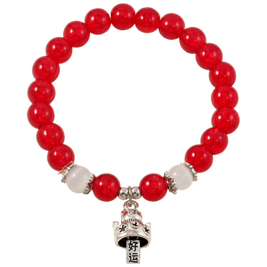 Браслет на гумці скло «Червоні намистини Бите скло з підвіскою кіт, ø 8мм вільний розмір фото №1