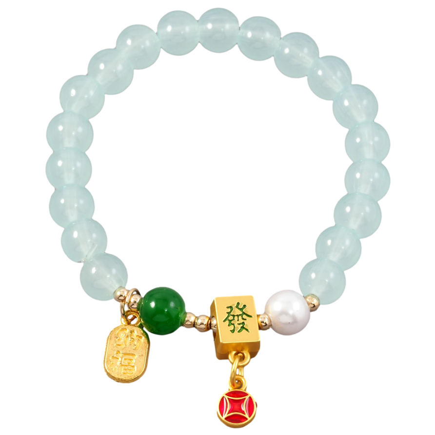 Браслет на гумці скло «Блакитні намистини та підвіски з китайськими ієрогліфами, ø 8мм вільний розмір фото №1