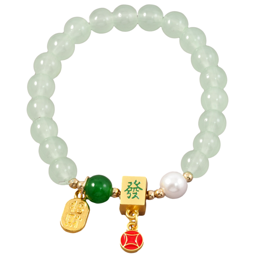 Браслет на гумці скло «М'ятні намистини та підвіски з китайськими ієрогліфами, ø 8мм вільний розмір фото №1