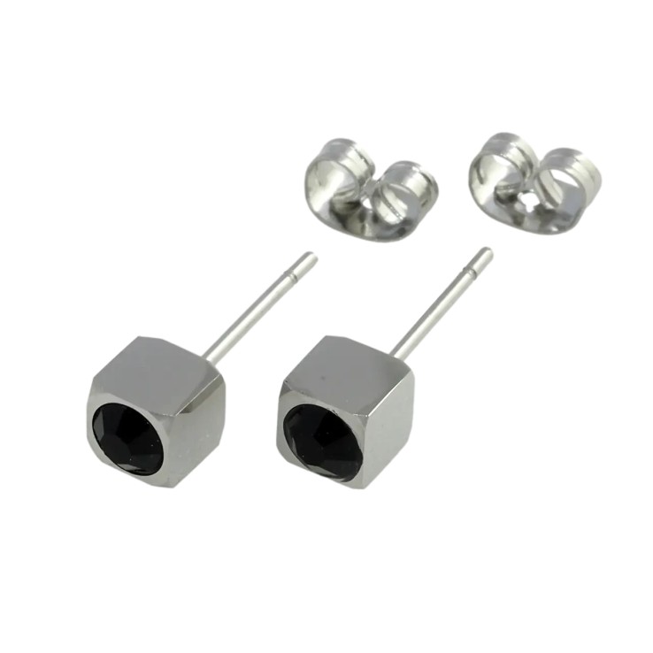 Серьги Xuping TTM Stainless Steel Белый оттенок пуссеты Кубики с черными фианитами 5х5мм фото №24