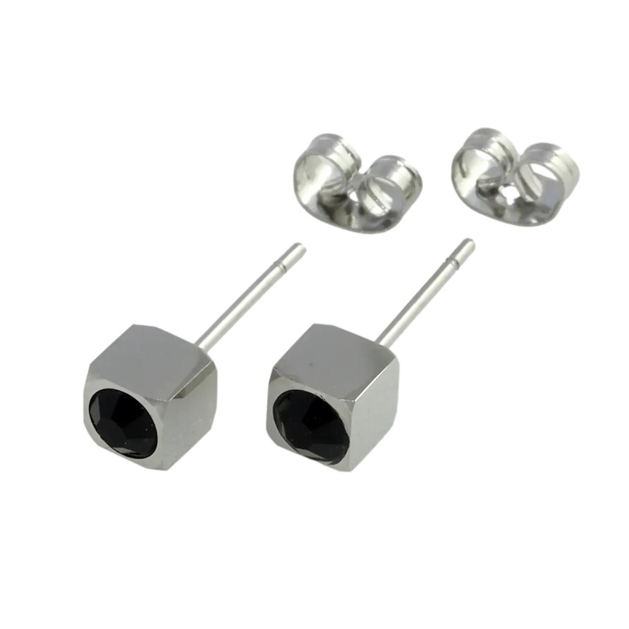 Серьги Xuping TTM Stainless Steel Белый оттенок пуссеты Кубики с черными фианитами 5х5мм фото №1