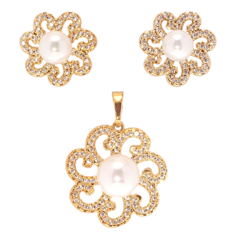 Набір Xuping Позолота 18K Сережки Кулон Квіточки з цирконієм та перлинами фото №14