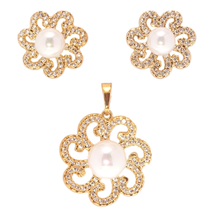 Набір Xuping Позолота 18K Сережки Кулон Квіточки з цирконієм та перлинами фото №1