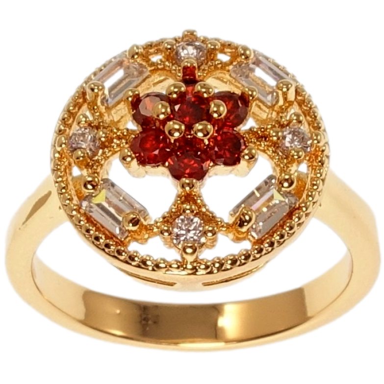 Каблучка Xuping M&L Колір 18K Кругла купол з червоною квіточкою та розсипом цирконію фото №1