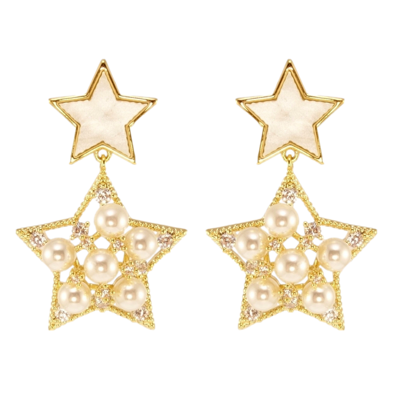Серьги Xuping JEAN GOUJON Позолота 14K пусеты Звезды с россыпью жемчуга и циркония фото №1