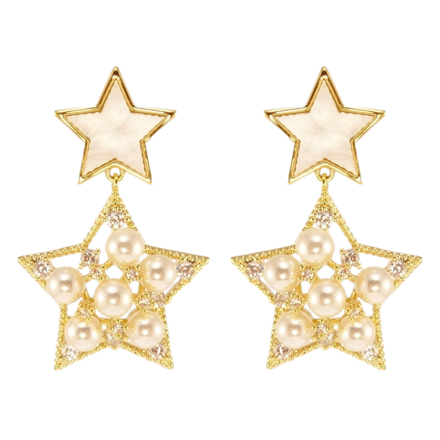 Серьги Xuping JEAN GOUJON Позолота 14K пусеты Звезды с россыпью жемчуга и циркония фото №1