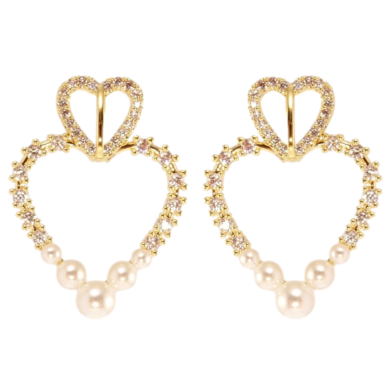 Сережки Xuping JEAN GOUJON Позолота 14K пусети Сердечки з цирконієм та перлами фото №1