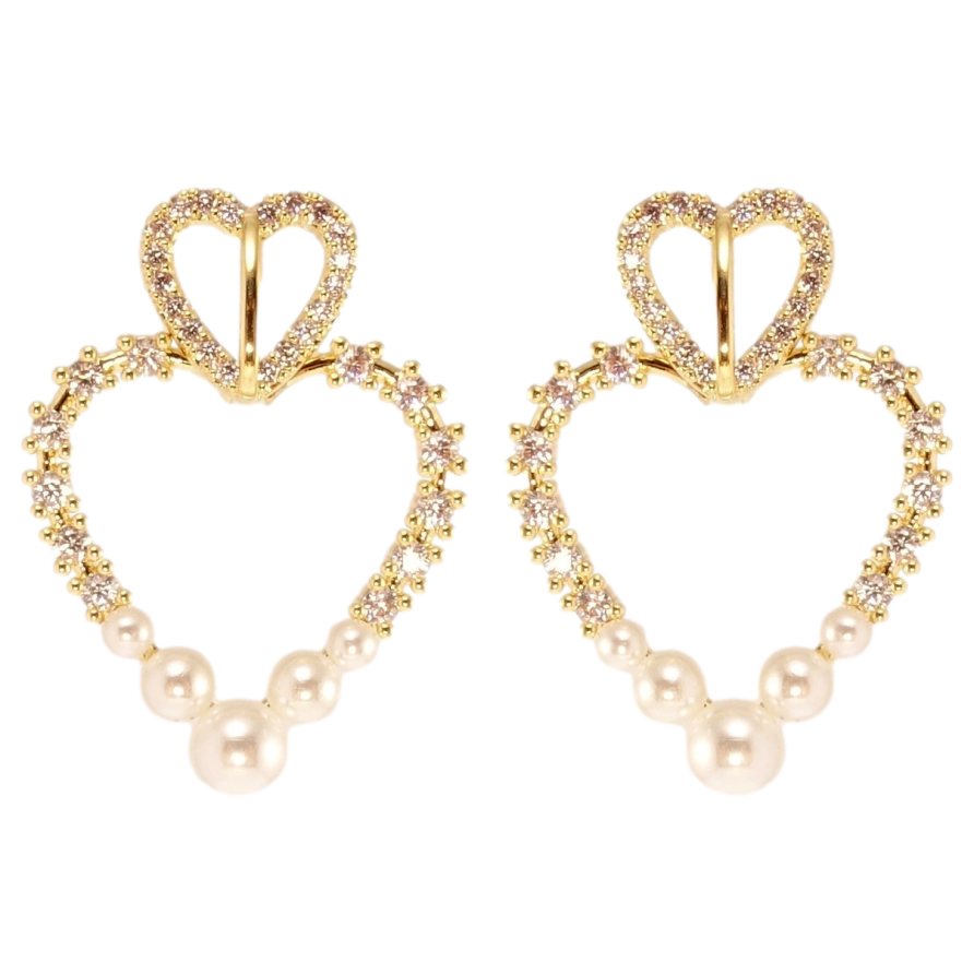 Серьги Xuping JEAN GOUJON Позолота 14K пусеты Сердечки с цирконием и жемчужинами фото №1