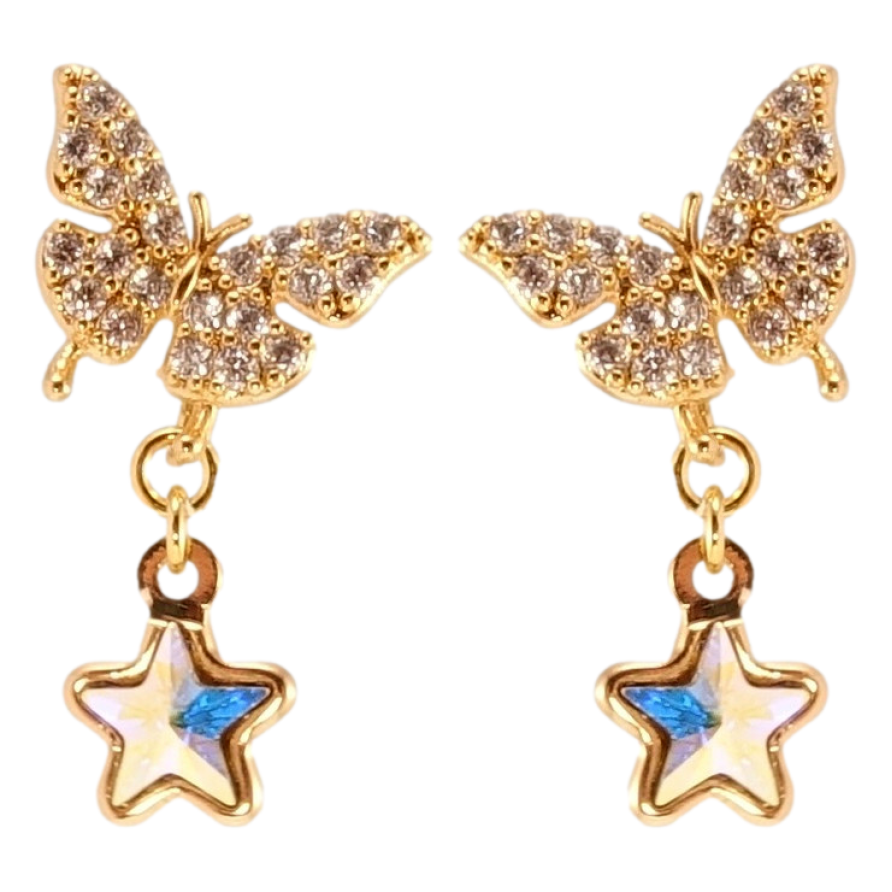 Серьги Xuping JEAN GOUJON Позолота 18K пусеты Бабочки с звездными подвесками фото №1