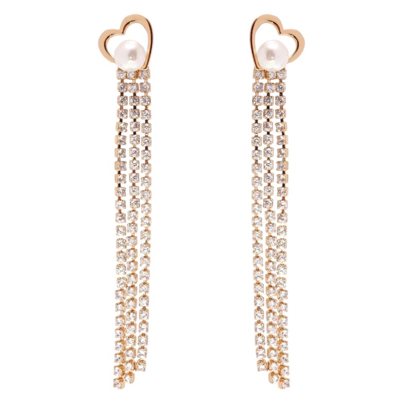 Серьги Xuping JEAN GOUJON Позолота 18K пусеты Сердечки с жемчугом и кристальными цепочками фото №1