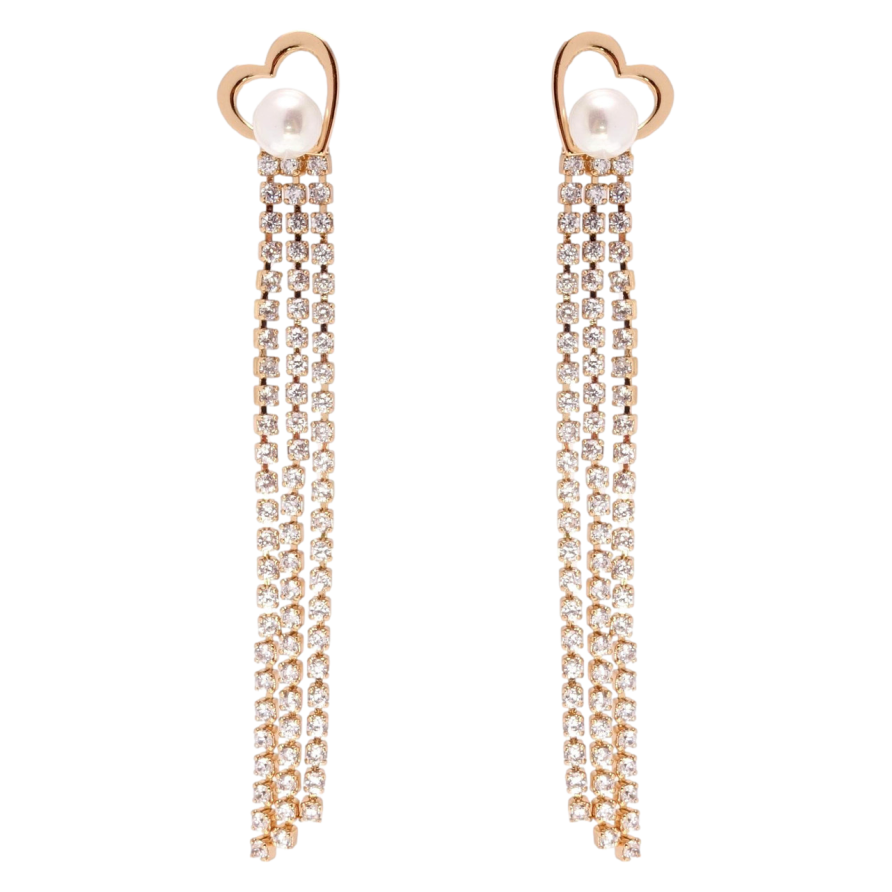 Серьги Xuping JEAN GOUJON Позолота 18K пусеты Сердечки с жемчугом и кристальными цепочками фото №1