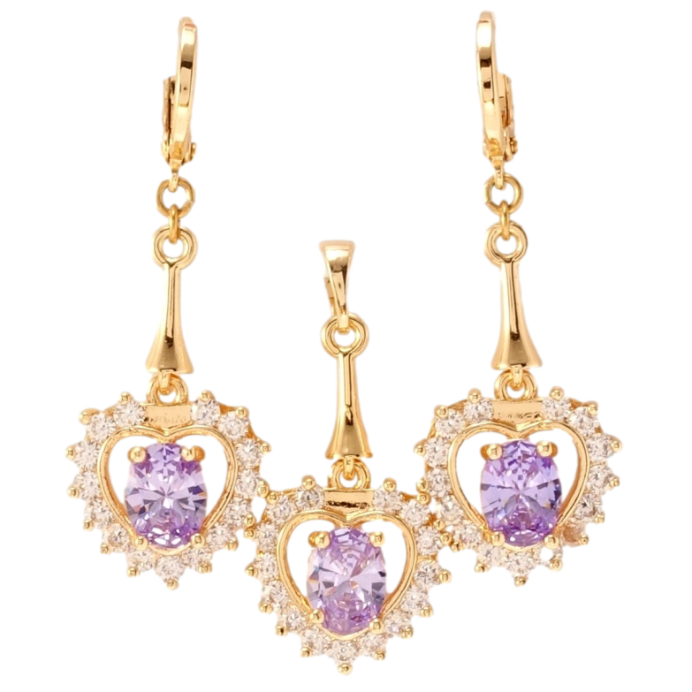 Набір Xuping M&L Колір 18K Сережки Кулон Сердечки з бузковими кристалами та цирконієм фото №3