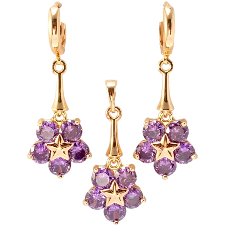 Набор Xuping M&L Цвет 18K Серьги Кулон Сиреневые кристальные цветочки фото №14