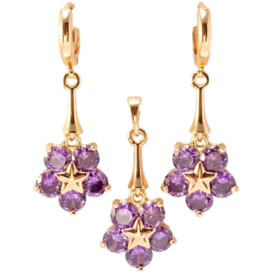 Набор Xuping M&L Цвет 18K Серьги Кулон Сиреневые кристальные цветочки фото №1