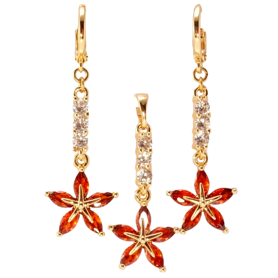 Набір Xuping M&L Колір 18K Сережки Кулон Червоні кристалічні квіточки на доріжках цирконію фото №1