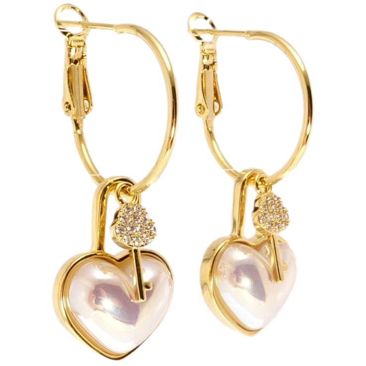 Сережки Xuping JEAN GOUJON Позолота 14K колечки (конго) з підвісками Перламутрові серця з ключиками ø 2см фото №9