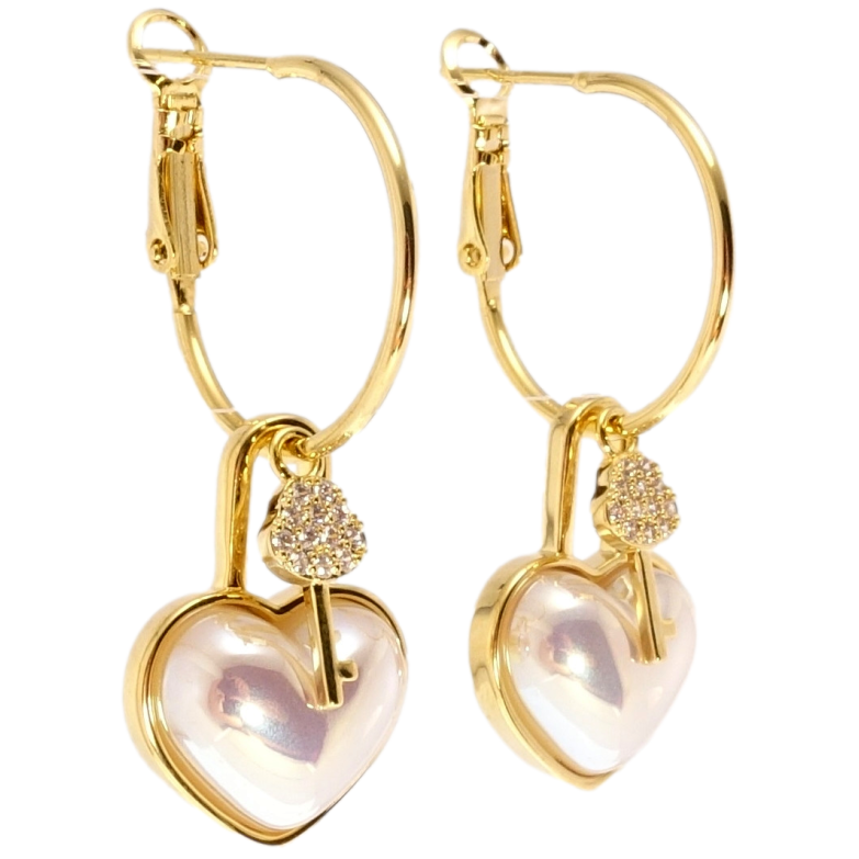 Сережки Xuping JEAN GOUJON Позолота 14K колечки (конго) з підвісками Перламутрові серця з ключиками ø 2см фото №11