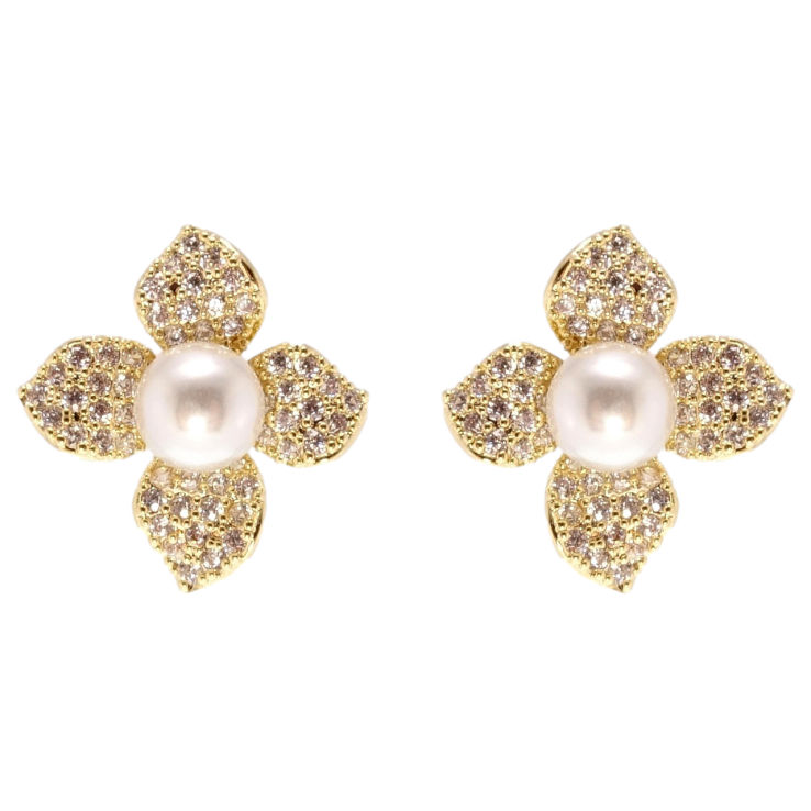 Серьги Xuping JEAN GOUJON Позолота 14K пусеты Цветочки с жемчугом и цирконием фото №4