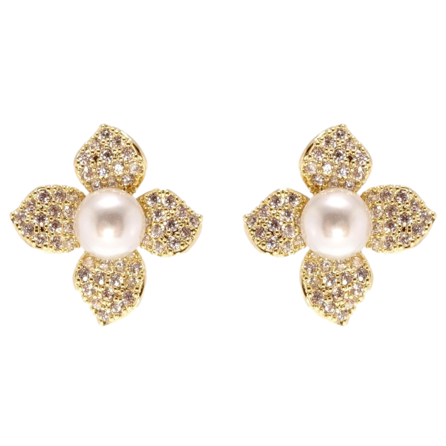 Серьги Xuping JEAN GOUJON Позолота 14K пусеты Цветочки с жемчугом и цирконием фото №1