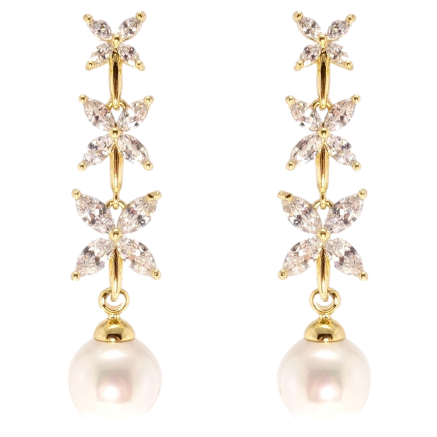 Серьги Xuping JEAN GOUJON Позолота 14K пусеты Кристальные цветочки с жемчужинами фото №1