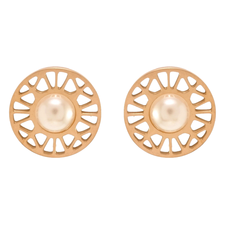 Серьги Xuping TTM Stainless Steel цвет РО пусеты Круги с резным узором и жемчугом ø 12мм фото №9