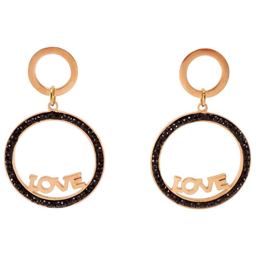 Серьги Xuping TTM Stainless Steel цвет РО пусеты Колечки с черным цирконием и надписью Love фото №1
